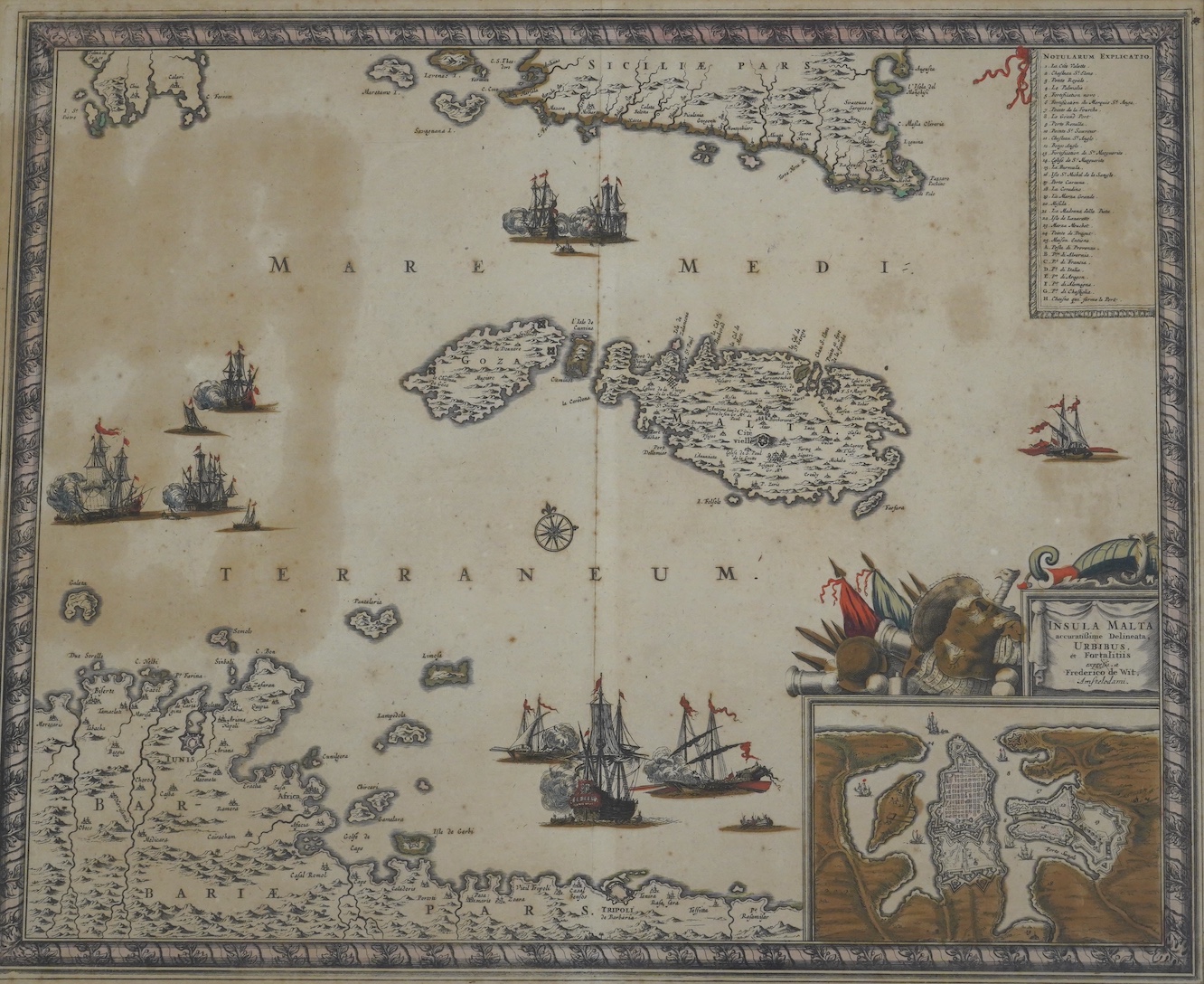 Frederick de Wit (Dutch, 1629-1706), hand-coloured engraved map, ‘Insula Malta’, 45 x 56cm